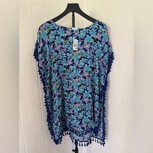 NWT Maui Mamas Tassels Cover Up Blue Floral Extra Flirty O/S